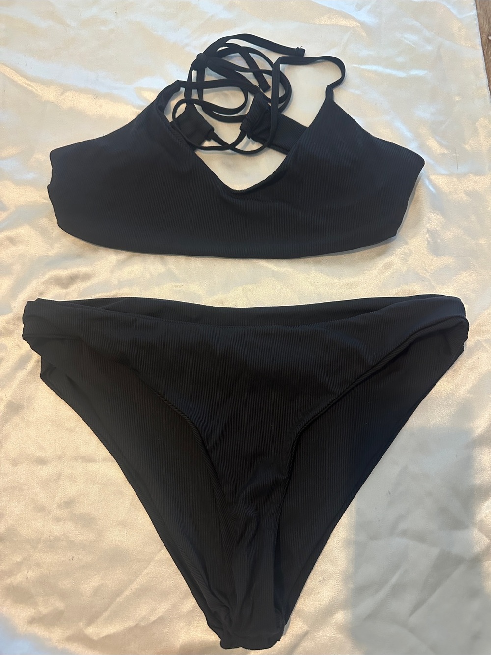 Black Ribbed Strappy Bikini Set - Women Swim